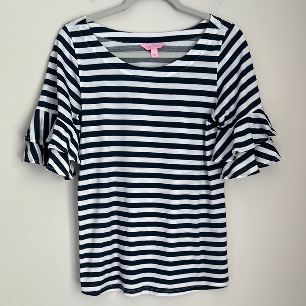 Lilly Pulitzer Navy Striped Ruffle Sleeve Top Size S - 100% Cotton